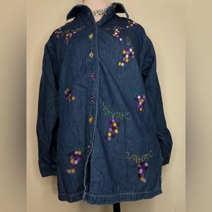 Silver threads Embroidered Denim top with Colorful Grapes size medium